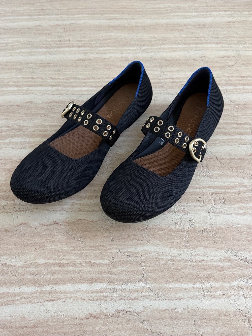 Rothy's Black Mary Jane Flats with Gold Buckles